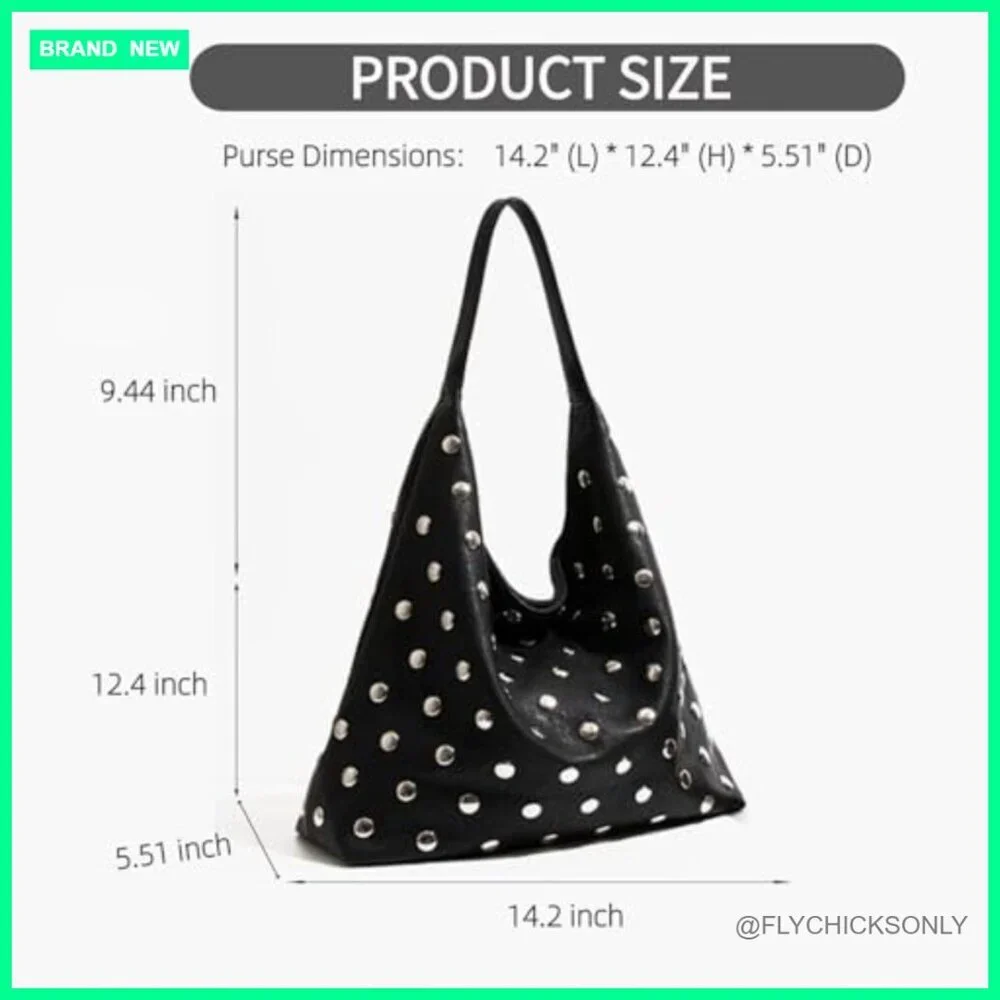 Studded Vegan Leather Hobo Bag Slouchy Shoulder Handbag Tote